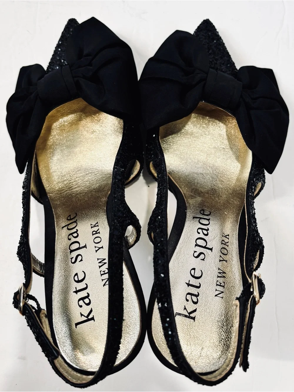 Kate Spade Sheela Black Glitter Silk Bow Slingback Pointed Toe Party Heel Pumps
